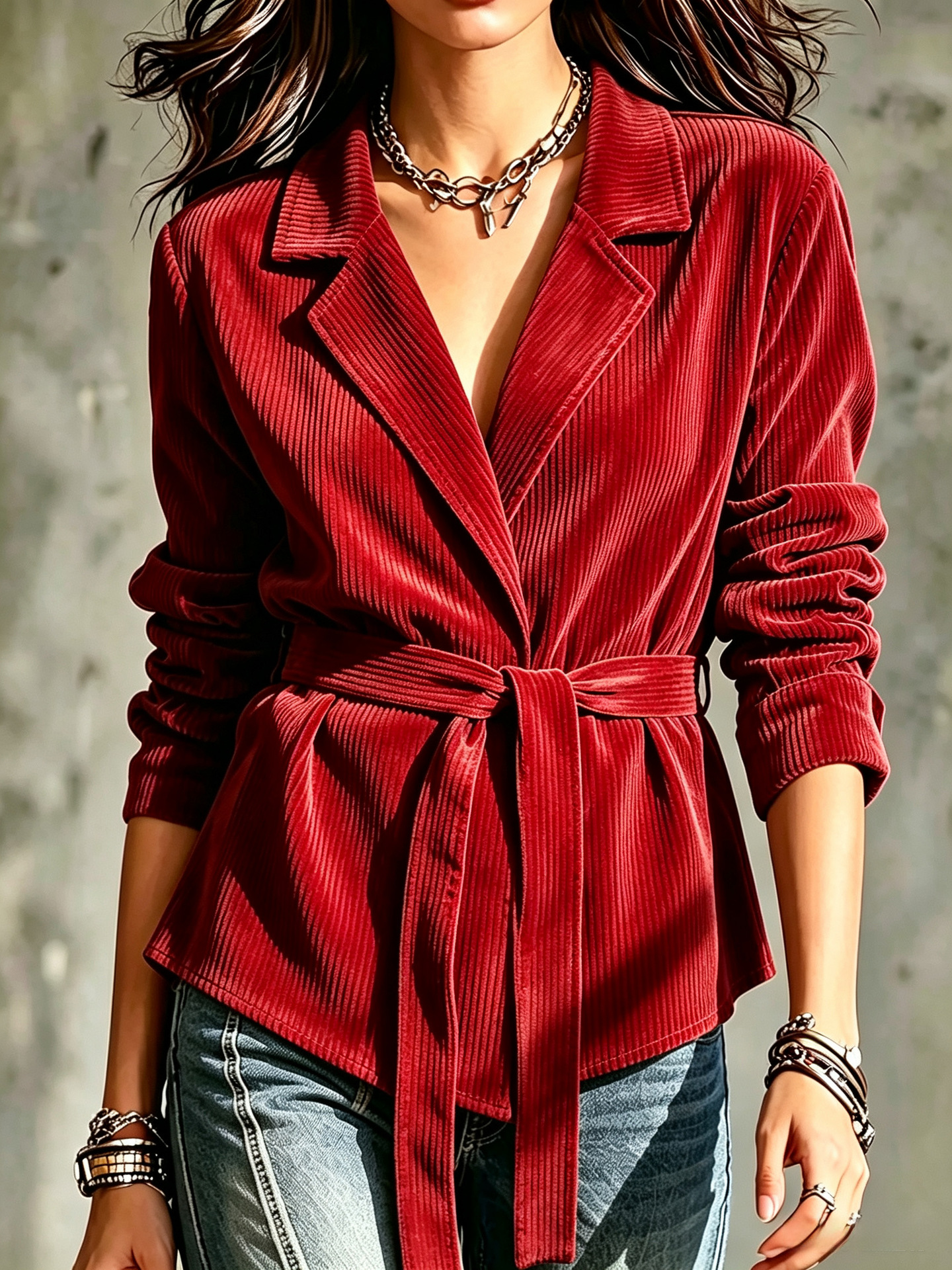 Women's Autumn/Winter 2026 New Arrival: Solid-Color Loose-Fit Long-Sleeve Corduroy Jacket with Lapel and Tie-Waist