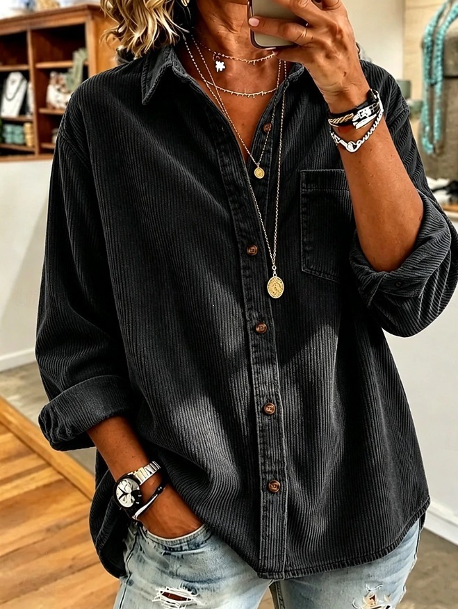Women's New Autumn/Winter 2026 Striped Corduroy Shirt Jacket – Loose, Thick, Casual, with Lapel Collar