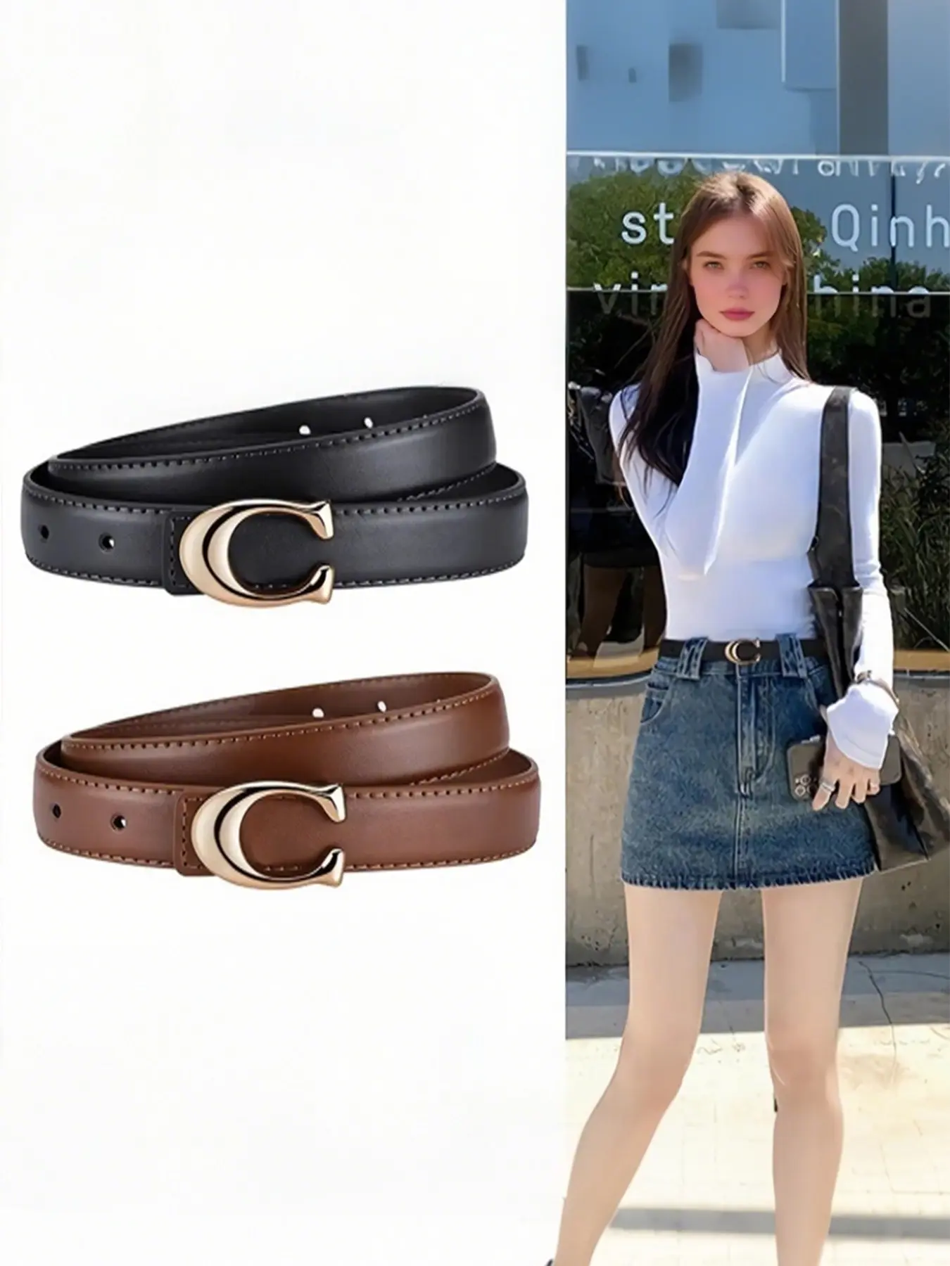 2pcs Women’s Skinny Belt C-Shaped Alloy Buckle, PU, 105–115cm