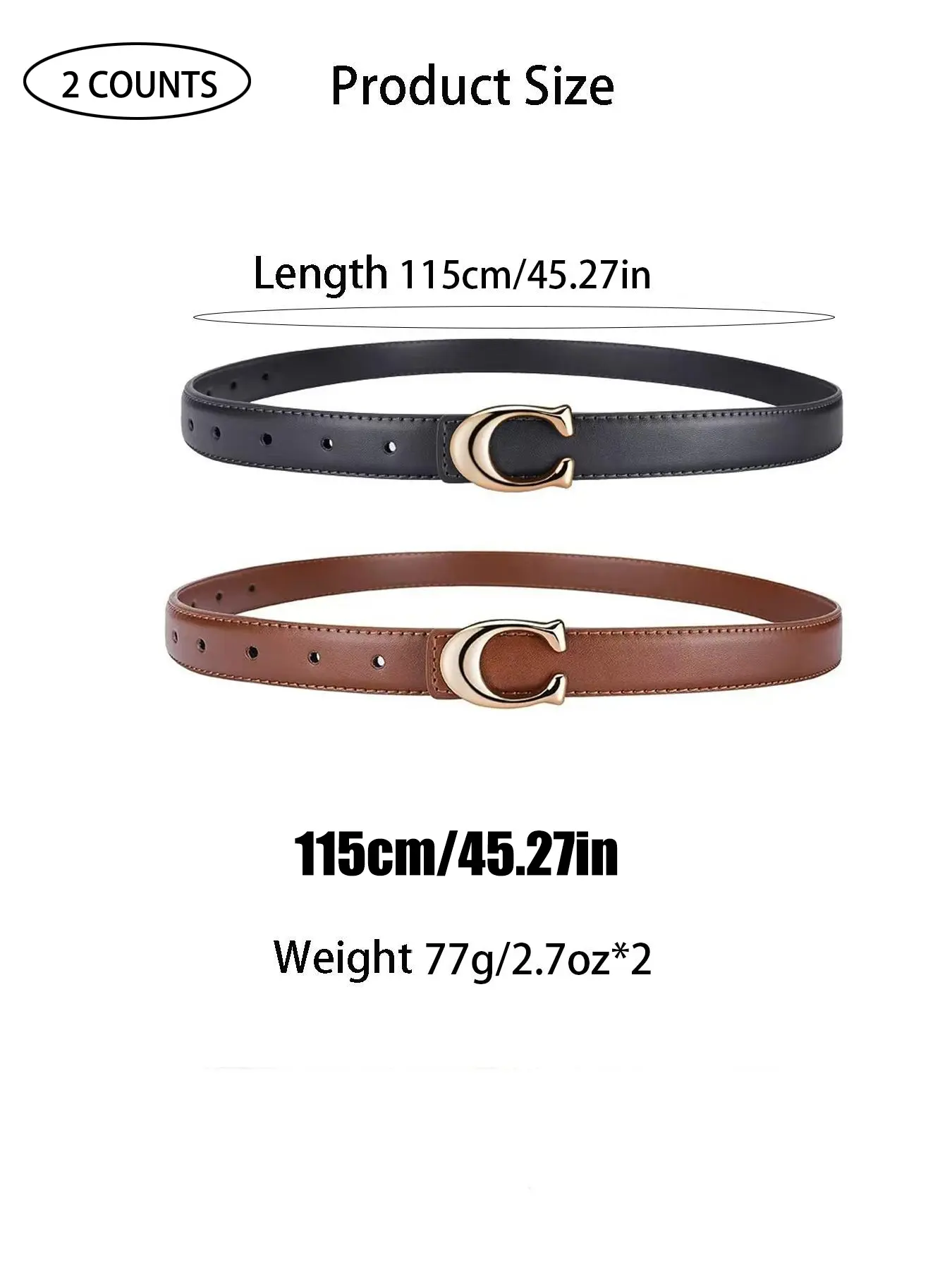 2pcs Women’s Skinny Belt C-Shaped Alloy Buckle, PU, 105–115cm