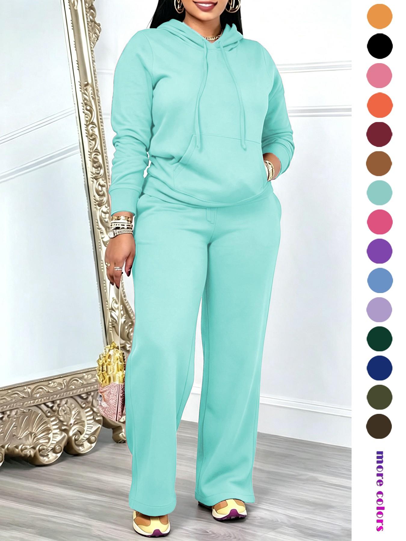 Two-Piece Set Outfit Women's Basic Solid Adjustable Drawstring Hoodie & High Waist Pants Set Long Sleeve Pocket Hooded Sweatshirt & Straight Leg Trousers for Spring & Fall, Ladies' Clothes for Daily Wear, Pants Top Set
