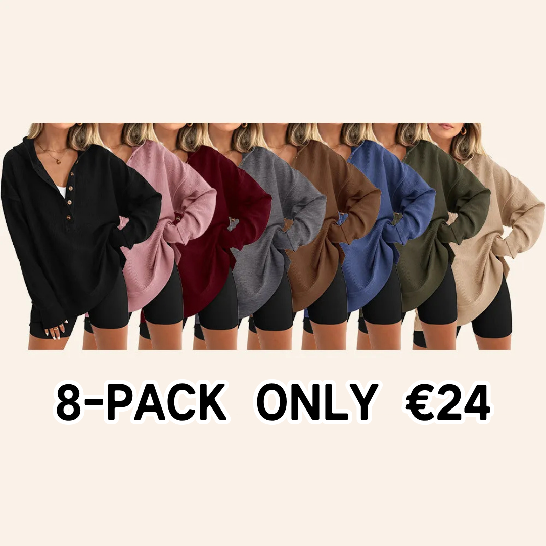 Women's Oversized Button V-Neck Hoodie Sweatshirt Long Sleeve Side Slit Casual Fall Pullover Top