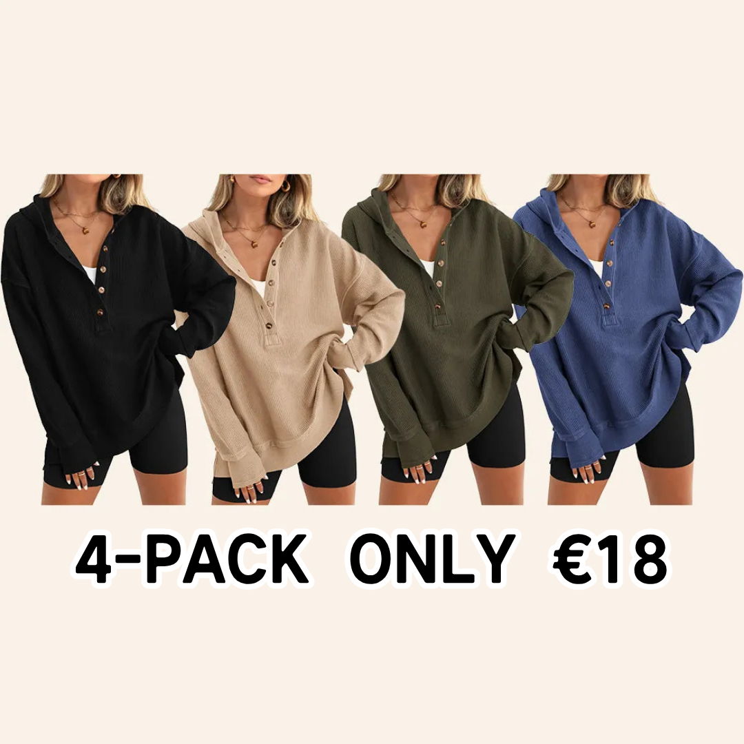 Women's Oversized Button V-Neck Hoodie Sweatshirt Long Sleeve Side Slit Casual Fall Pullover Top