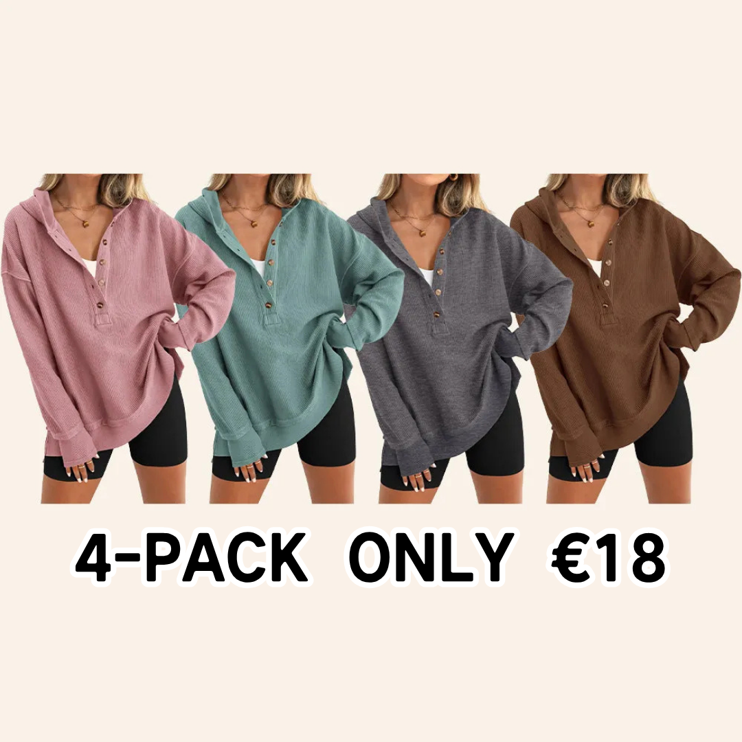 Women's Oversized Button V-Neck Hoodie Sweatshirt Long Sleeve Side Slit Casual Fall Pullover Top