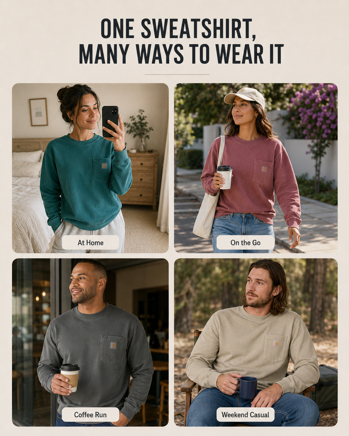 Unisex pocket crewneck styling and fit