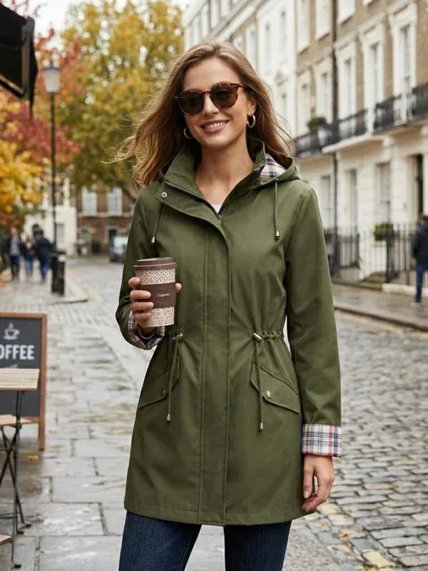❤️‍🔥New Arrival-49% OFF🥰Women's Solid Color Casual Jacket-Waterproof and Windproof Coats, Hooded Windbreakers✨Drawstring Waist, Zip & Button Closure, Casual Outerwear Coat for Spring & Fall🍃