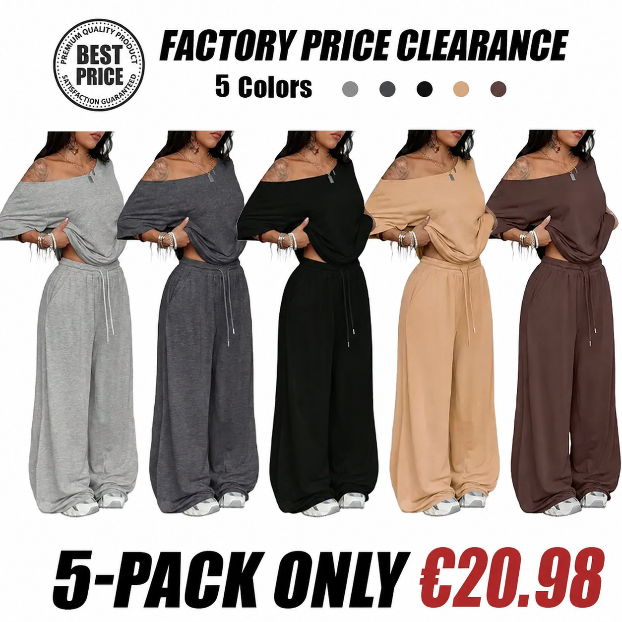 Women's Minimalist Off Shoulder T-Shirt & Wide Leg Pants Set