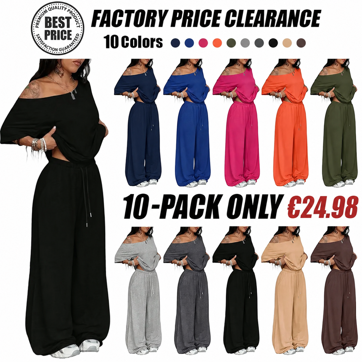 Women's Minimalist Off Shoulder T-Shirt & Wide Leg Pants Set