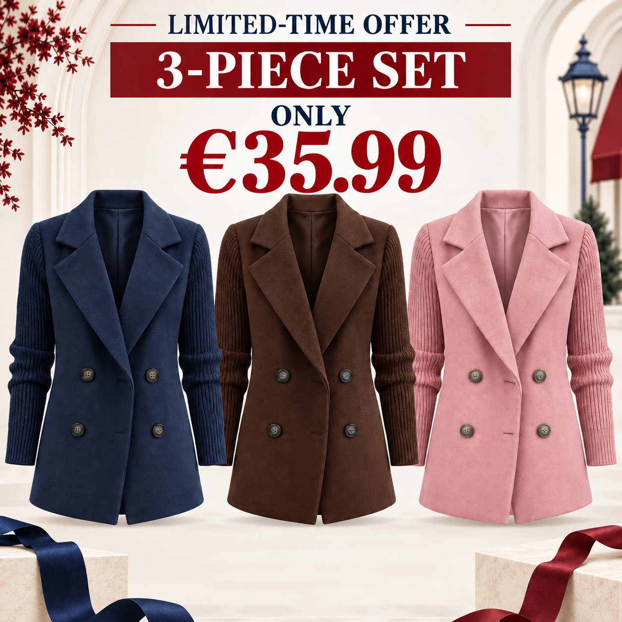 Women Mixed Media Blazer, Knit Sleeve Double‑Breasted Lapel Wool‑Blend Jacket