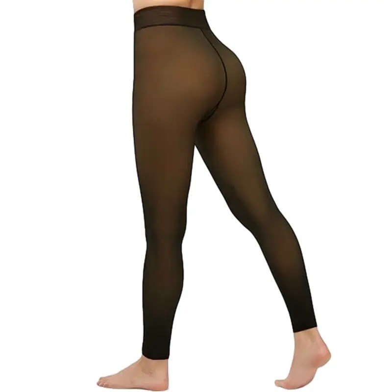Women's Fake Sheer Thermal Tights, Fleece Lined High Stretch Warm Pantyhose, Minimalist Slim Thick Leggings for Winter Dress Daily Wear