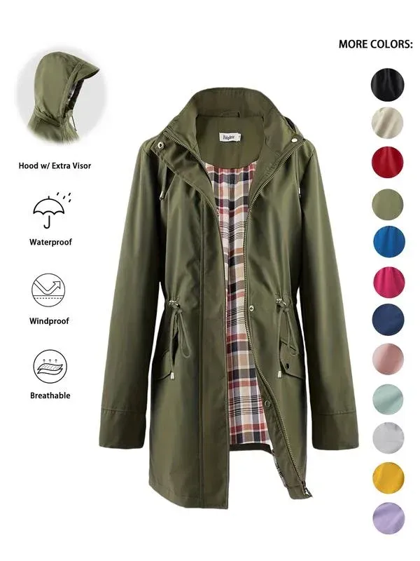 ❤️‍🔥New Arrival-49% OFF🥰Women's Solid Color Casual Jacket-Waterproof and Windproof Coats, Hooded Windbreakers✨Drawstring Waist, Zip & Button Closure, Casual Outerwear Coat for Spring & Fall🍃