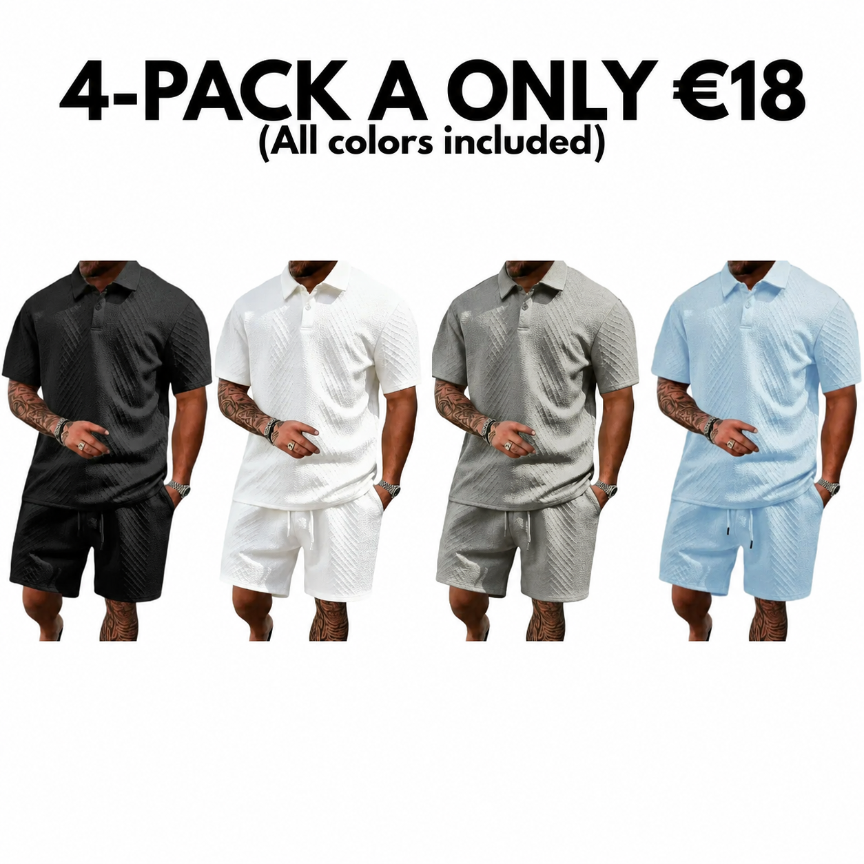 Men's summer casual texture fabric solid color polo shirt T-shirt shorts 2-piece set