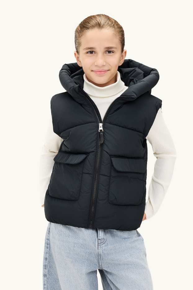 Children Girls - Quilted gilet with hood - water-repellent - black