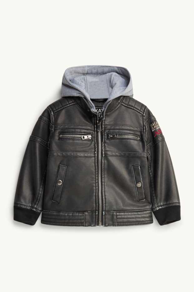 Children Boys - Biker jacket with hood - faux leather - black