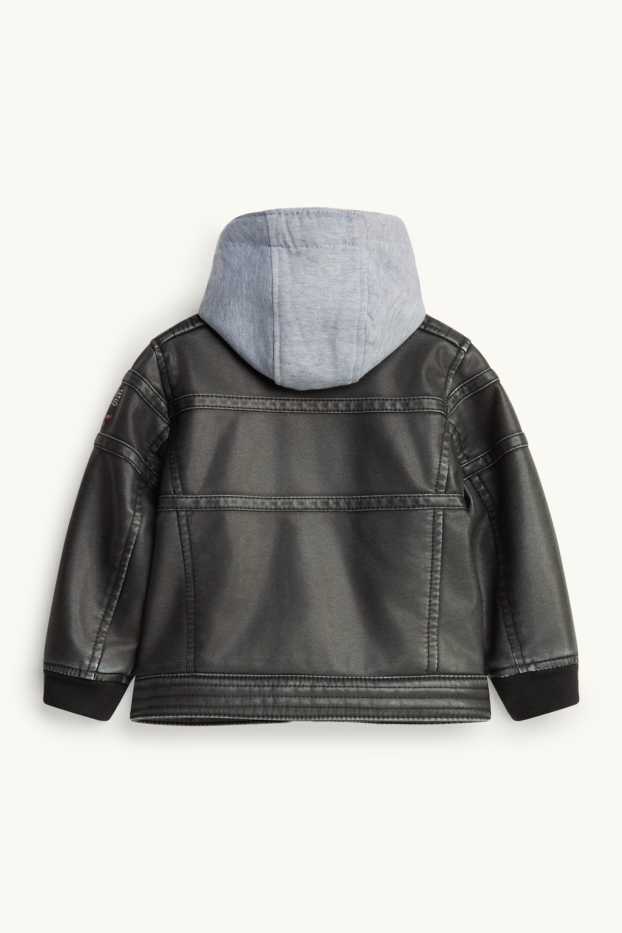 Children Boys - Biker jacket with hood - faux leather - black