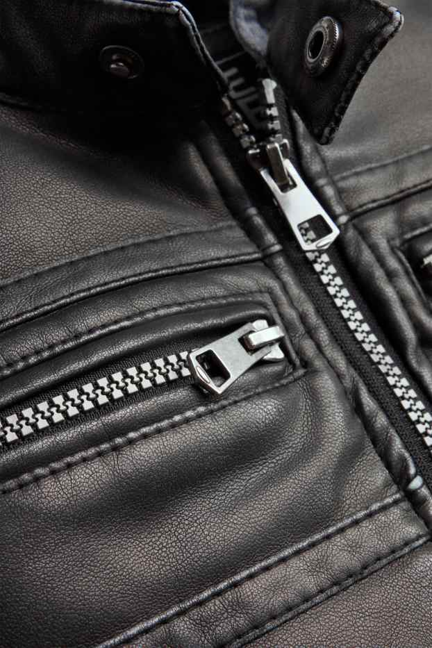 Children Boys - Biker jacket with hood - faux leather - black