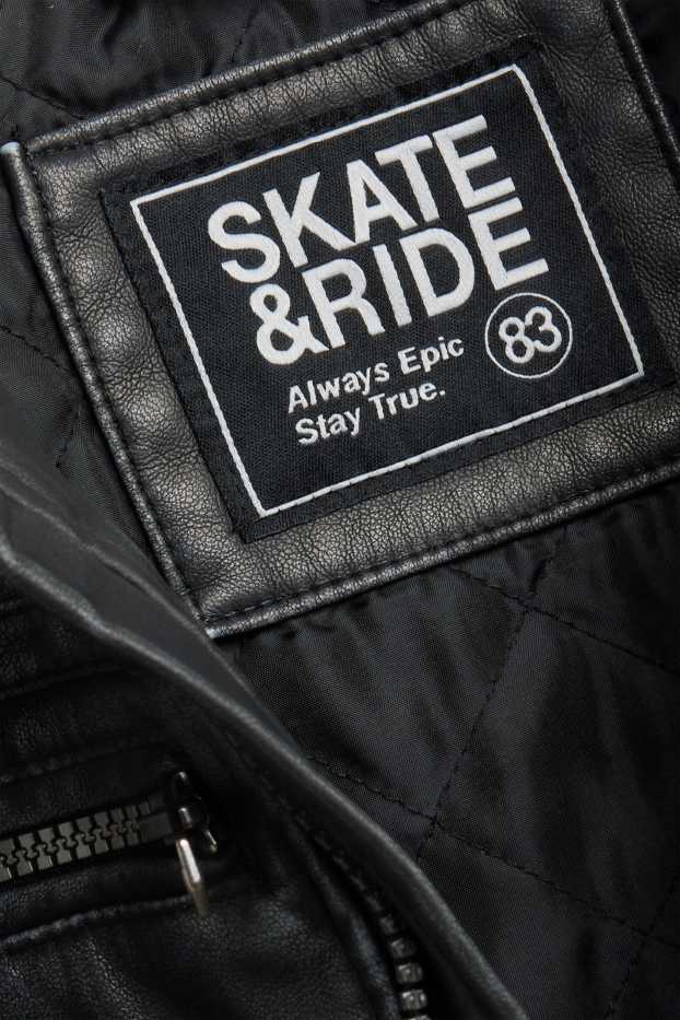Children Boys - Biker jacket with hood - faux leather - black