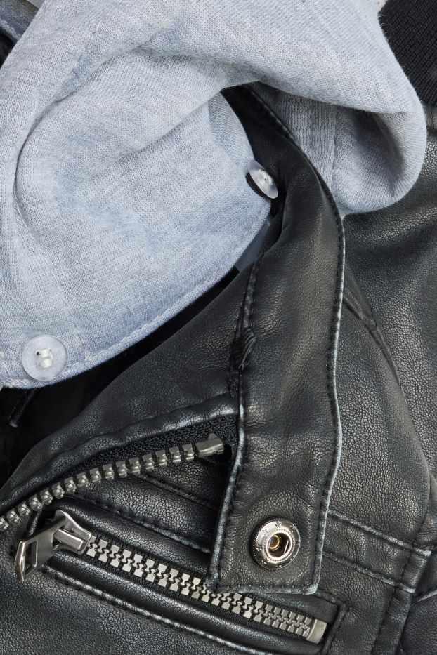 Children Boys - Biker jacket with hood - faux leather - black