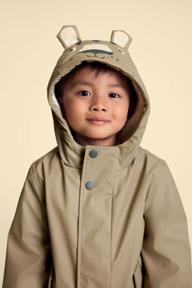 Children Boys - Tiger - rain jacket with hood - lined - waterproof - light brown