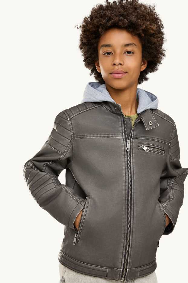 Children Boys - Biker jacket with hood - faux leather - gray