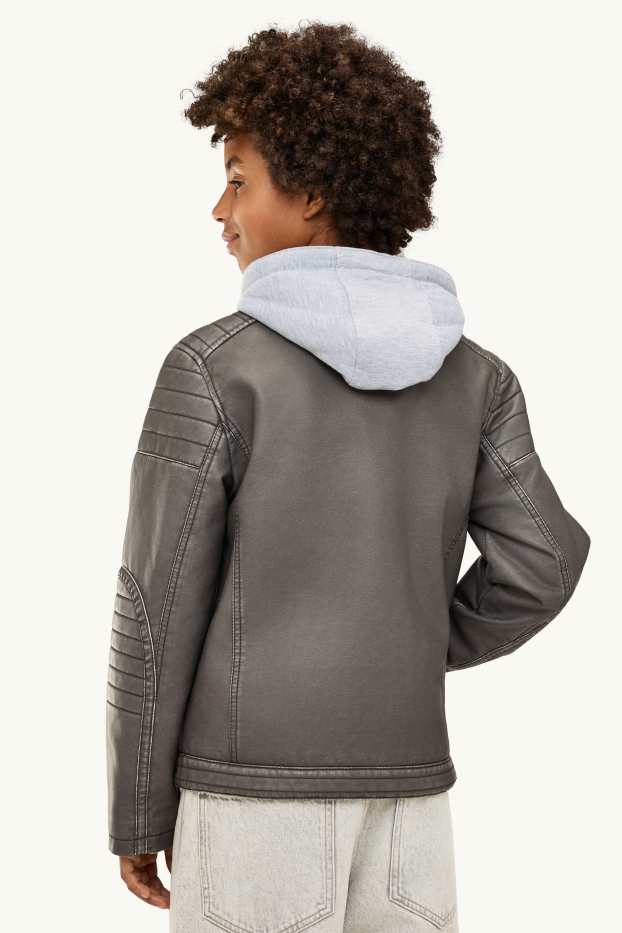 Children Boys - Biker jacket with hood - faux leather - gray