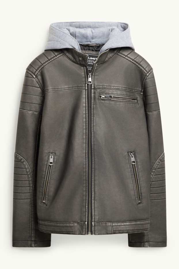 Children Boys - Biker jacket with hood - faux leather - gray