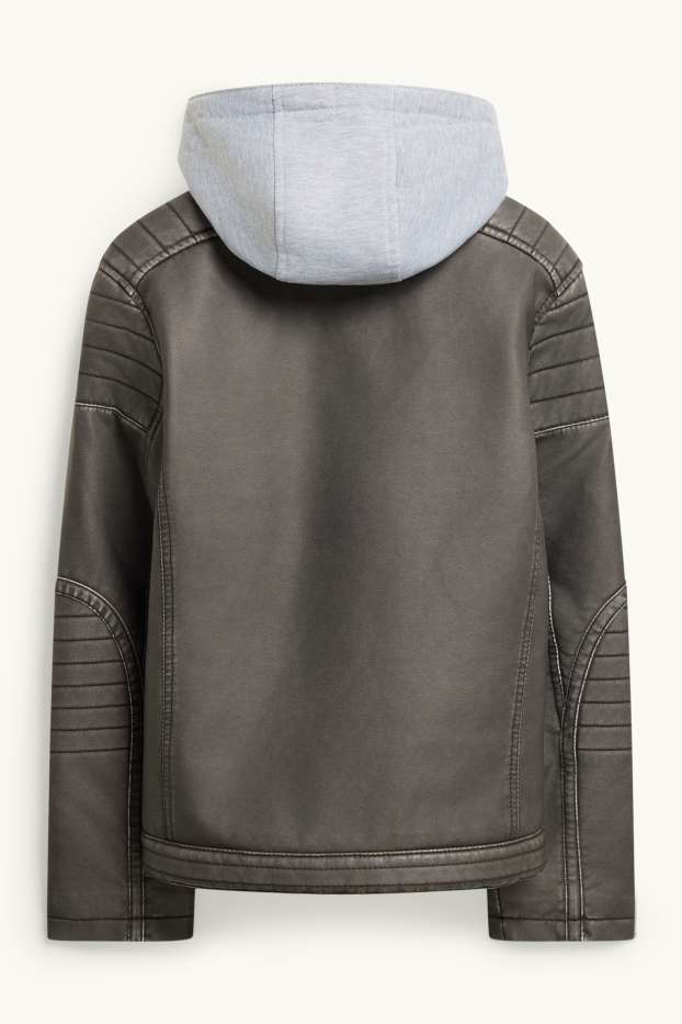 Children Boys - Biker jacket with hood - faux leather - gray