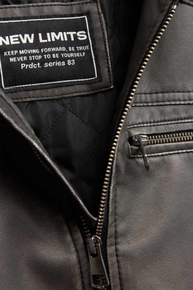 Children Boys - Biker jacket with hood - faux leather - gray