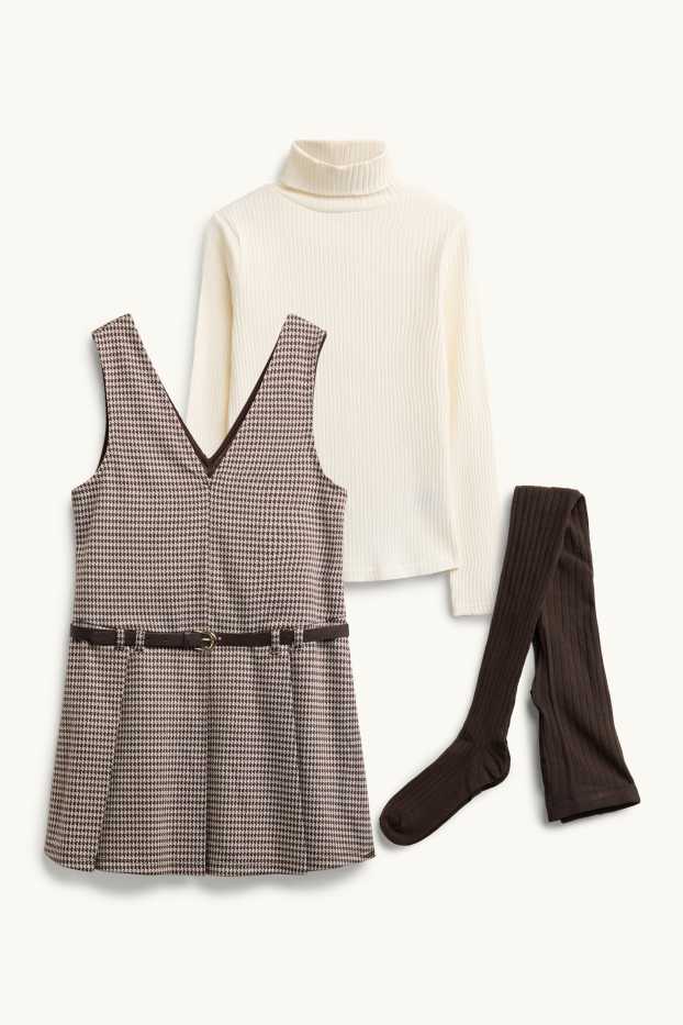 Children Girls - Set - dress with belt, long sleeve top and tights - 3 piece - brown