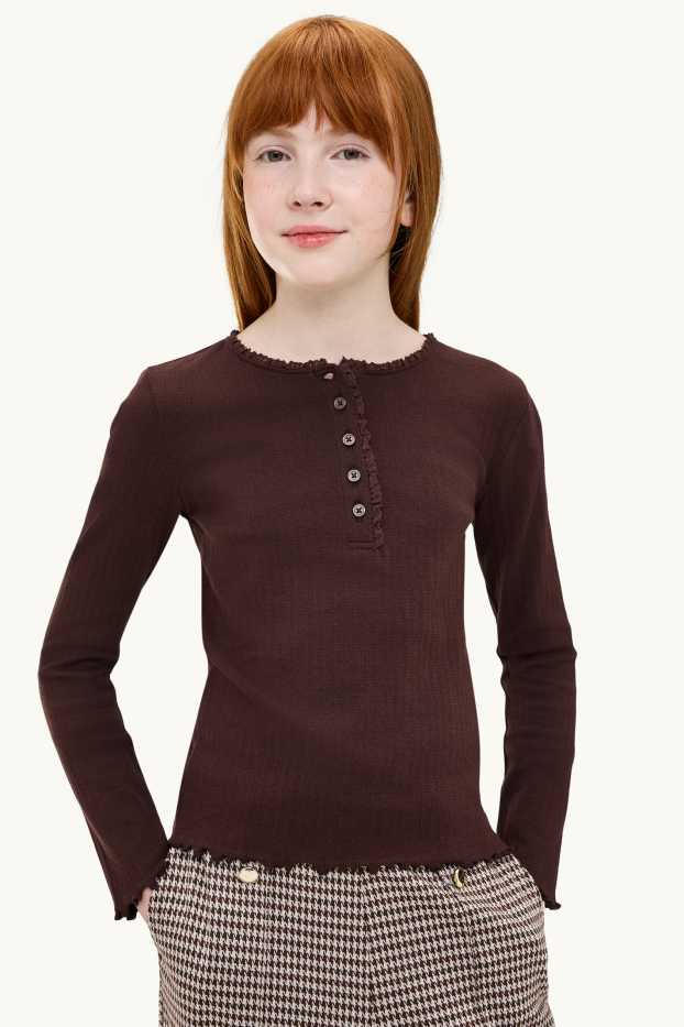Children Girls - Pointelle - long sleeve top - dark brown