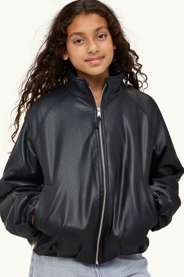 Children Girls - Bomber jacket - lined - faux leather - black