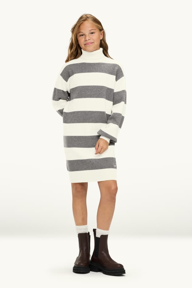 Children Girls - Knitted dress - striped - gray / beige