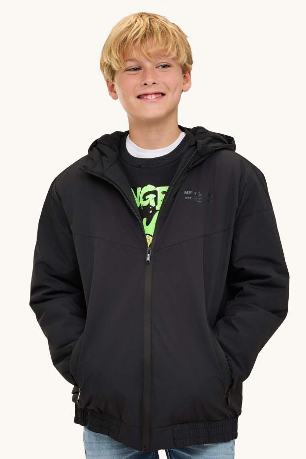 Children Boys - Rain jacket with hood - lined - water-repellent - black
