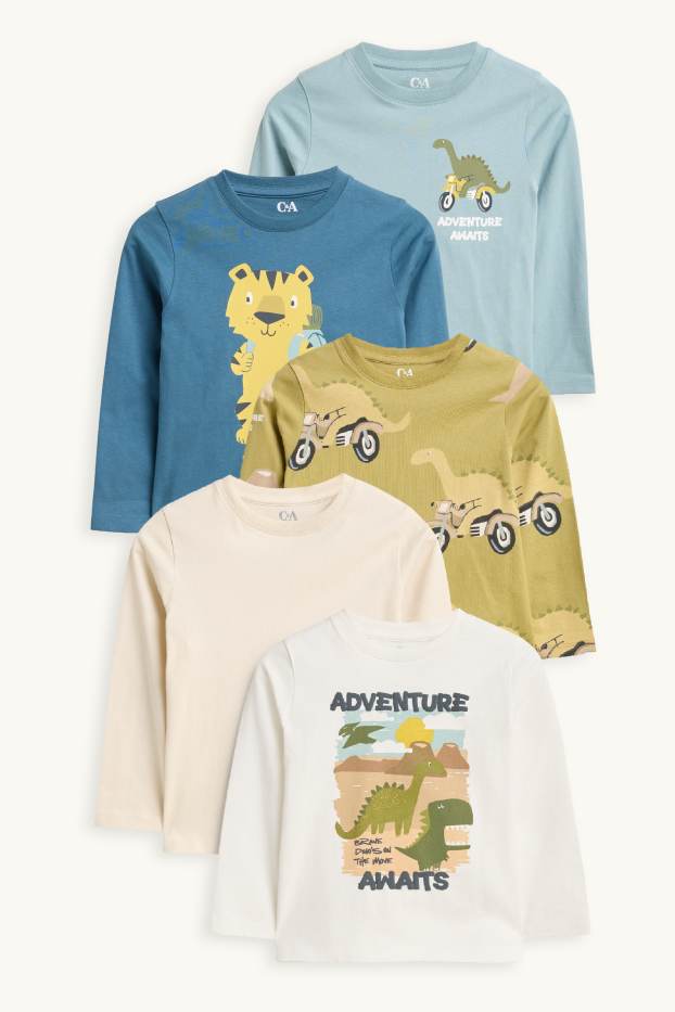 Children Boys - Multipack of 5 - dino, motorbike and tiger - long sleeve top - white / blue