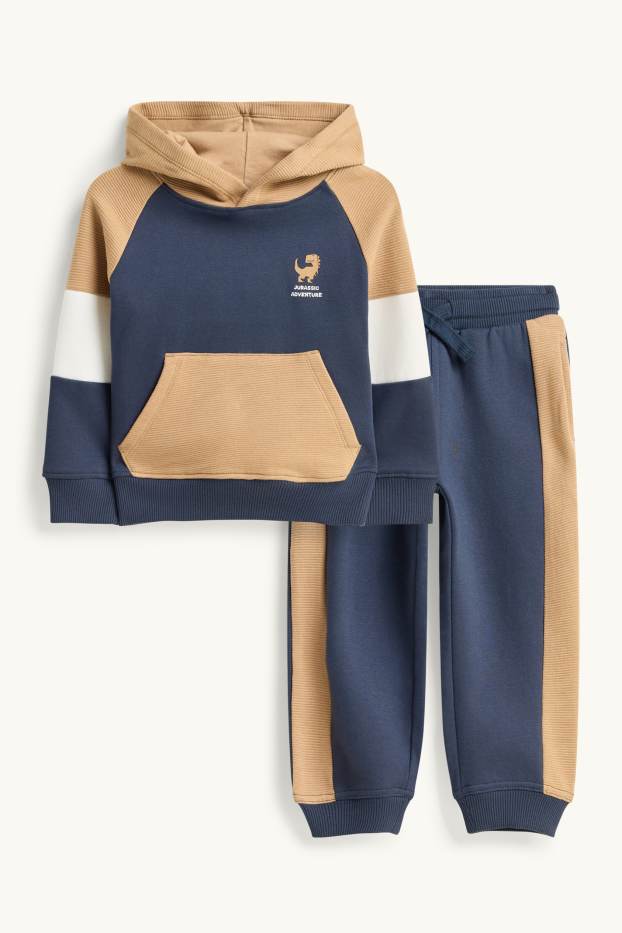 Children Boys - Dino - set - hoodie and joggers - ribbed - 2 piece - beige / blue