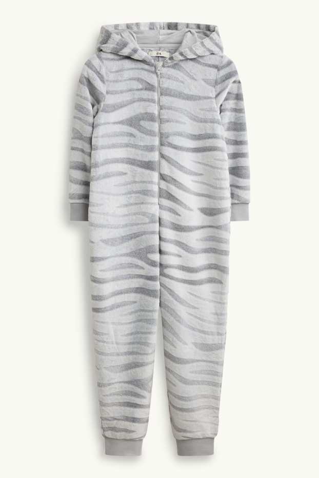 Fleece onesie with hood - white / gray