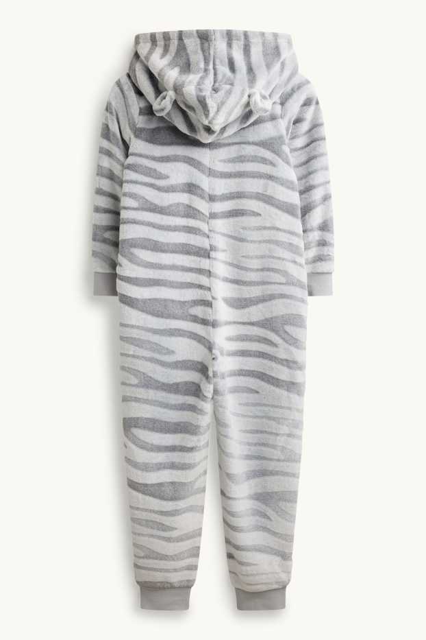 Fleece onesie with hood - white / gray