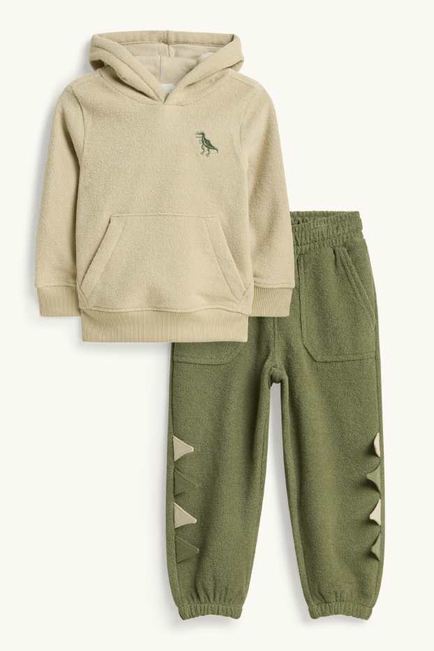 Children Boys - Dino - set - terry cloth hoodie and terry cloth joggers - 2 piece - beige / green