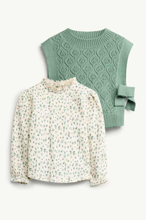 Children Girls - Set - blouse and slipover - 2 piece - floral - green / cremewhite