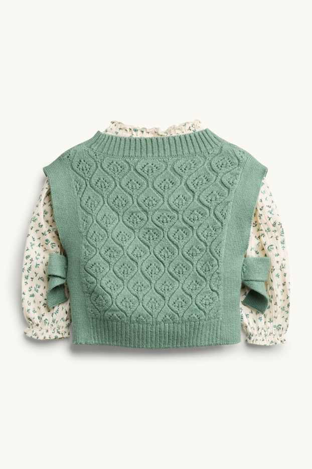 Children Girls - Set - blouse and slipover - 2 piece - floral - green / cremewhite