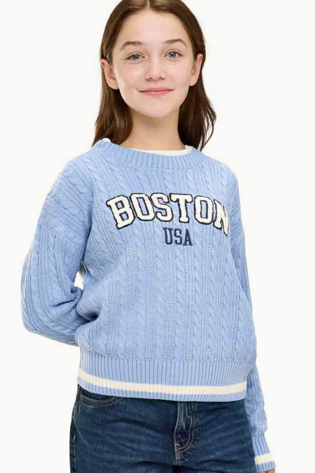 Children Girls - Boston - jumper - cable knit pattern - light blue