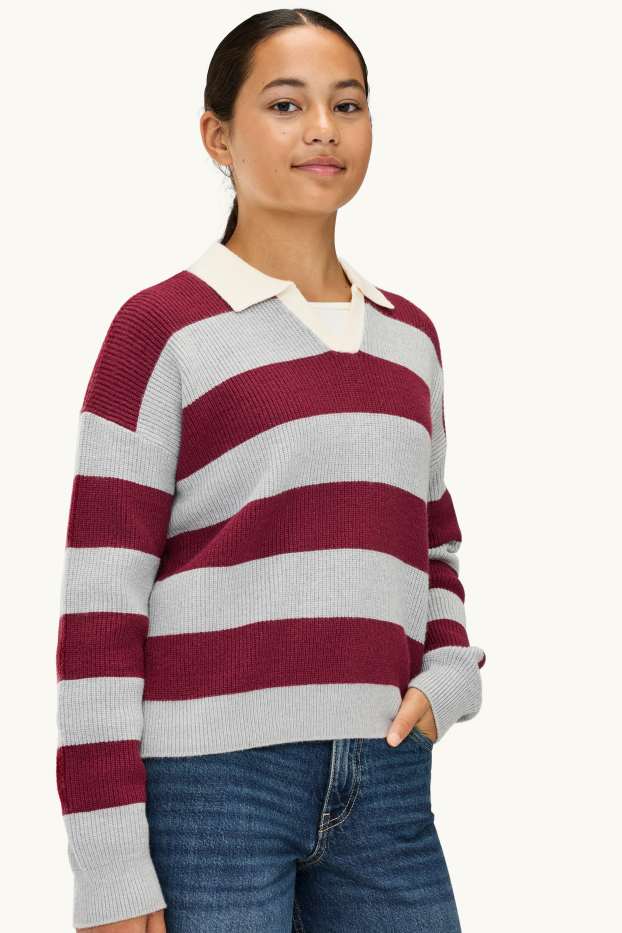 Children Girls - Jumper - striped - gray / dark red