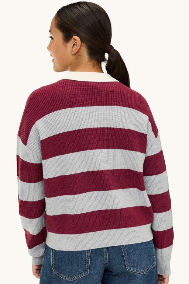 Children Girls - Jumper - striped - gray / dark red