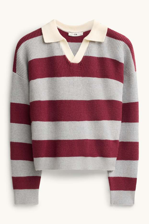 Children Girls - Jumper - striped - gray / dark red