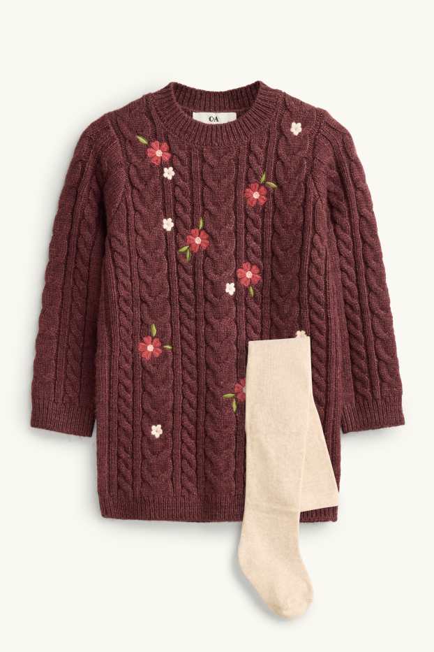 Children Girls - Floral - set - knitted dress and tights - 2 piece - beige / bordeaux