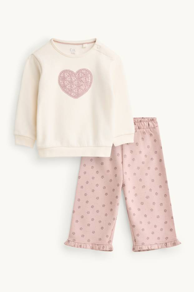 Baby Girls - Heart and flowers - baby outfit - 2 piece - white / rose