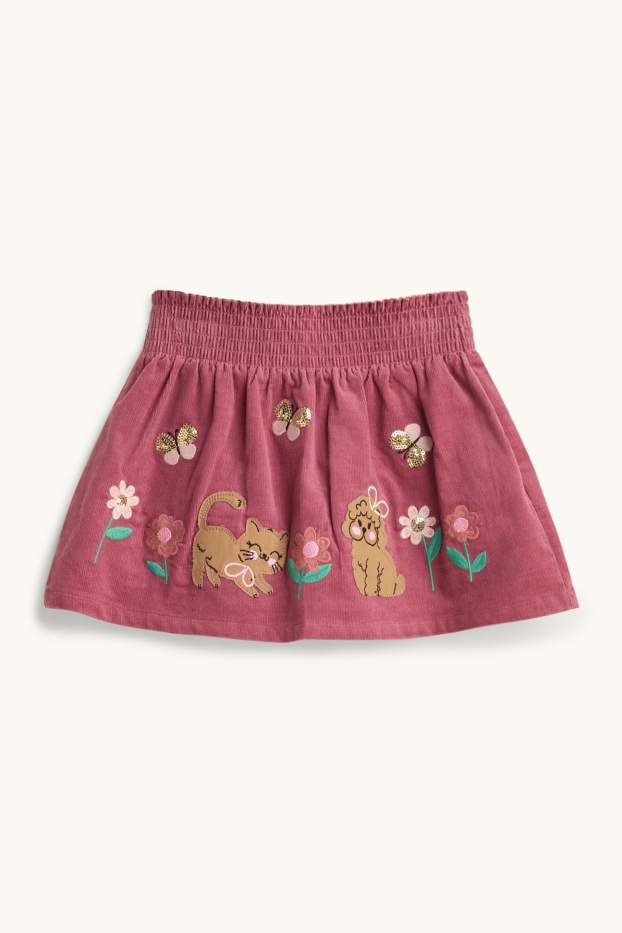 Children Girls - Cat and dog - corduroy skirt - shiny - pink