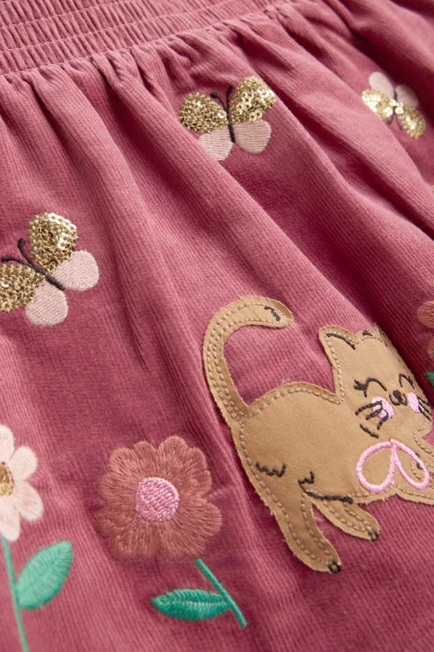 Children Girls - Cat and dog - corduroy skirt - shiny - pink