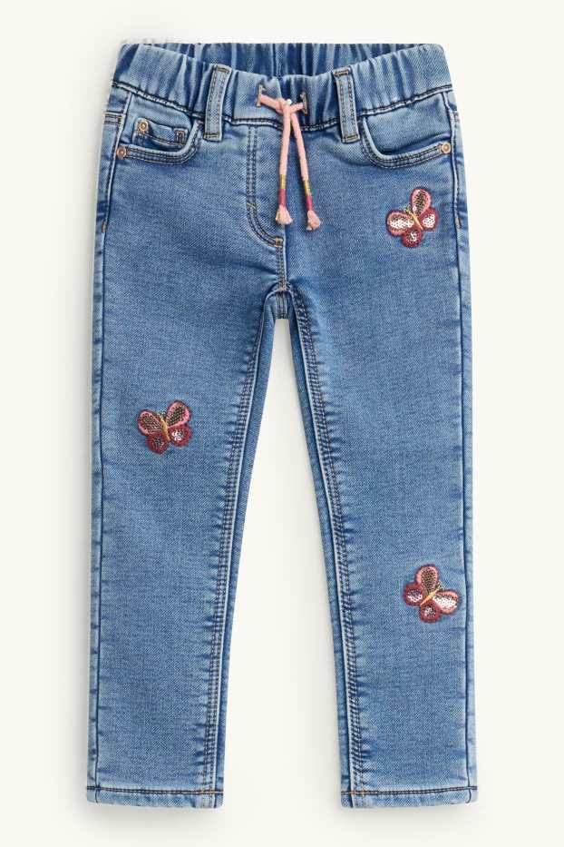 Children Girls - Butterfly - jegging jeans - thermal jeggings - shiny - denim-light blue