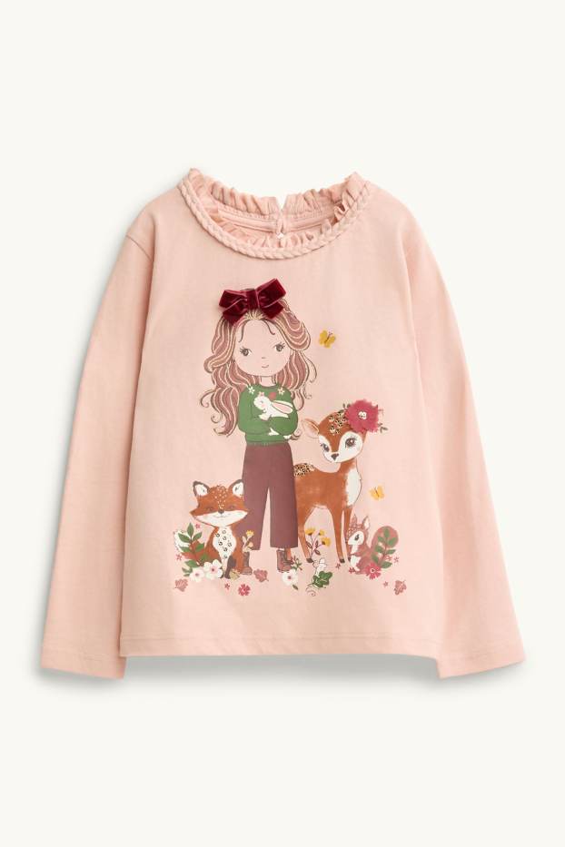 Children Girls - Woodland animals and girl - long sleeve top - shiny - light rose